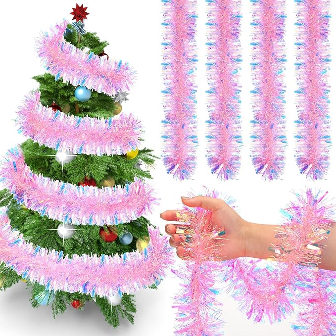 72 Feet Christmas Tinsel Garland Shiny Metallic Tinsel Twist Garland Streamers Ornaments Long Glitter Christmas Tree Hanging Decorations for Party Holiday Wedding Birthday Tree Wall Rail (Pink)