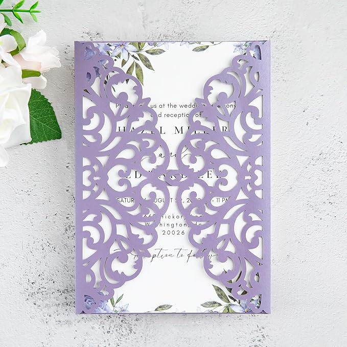 20Pcs Lilac Laser Cut Invitation Cards With Blank Inner Sheets for Wedding Cards Bridal Shower Engagement Quinceanera Invitation (No Envelopes)