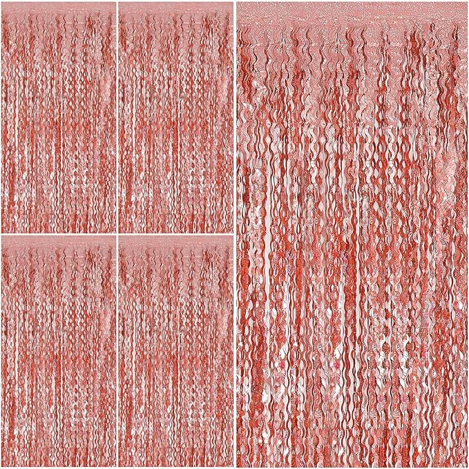 Rose Gold Tinsel Foil Fringe Curtains Wavy Backdrop for Parties Sparkle Metallic Wavy Foil Fringe Backdrop Curtain Photo Booth Props Birthday Graduation Wedding Bachelorette Party Decorations
