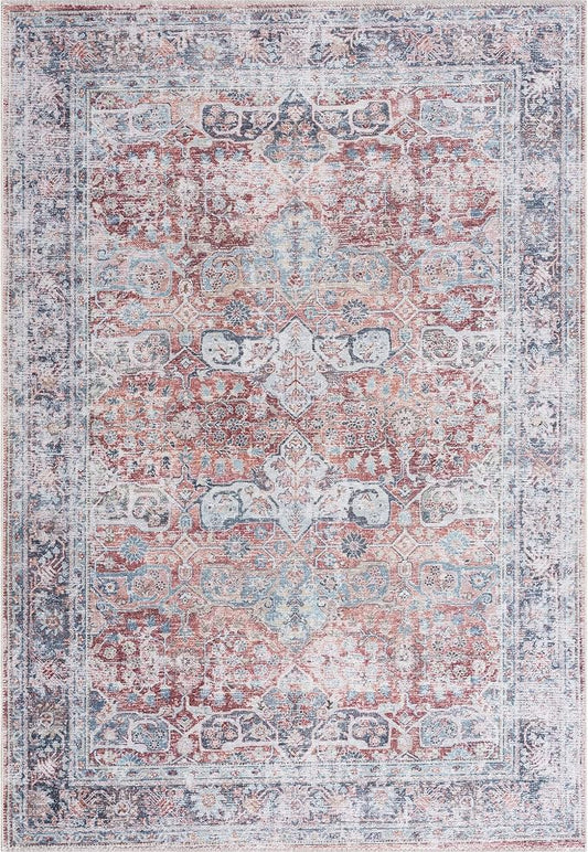 Bloom Rugs Caria Washable Non-Slip 3x5 Rug - Brick/Dark Blue Traditional Area Rug for Living Room, Bedroom, Dining Room, and Kitchen - Exact Size: 3' x 5'