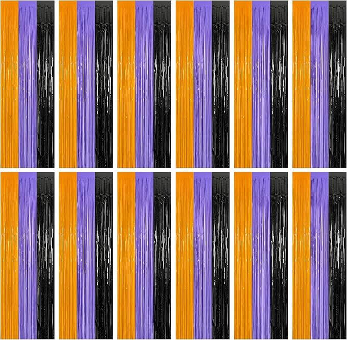 12 Pack Halloween Decor, 3.28 FT x 7.05 FT Orange Purple Black Fringe Curtains, Funny Wall Backdrop Photo Booth Backdrop Party Streamer, Halloween Foil Decorations Photo Booth Props