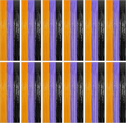 12 Pack Halloween Decor, 3.28 FT x 7.05 FT Orange Purple Black Fringe Curtains, Funny Wall Backdrop Photo Booth Backdrop Party Streamer, Halloween Foil Decorations Photo Booth Props