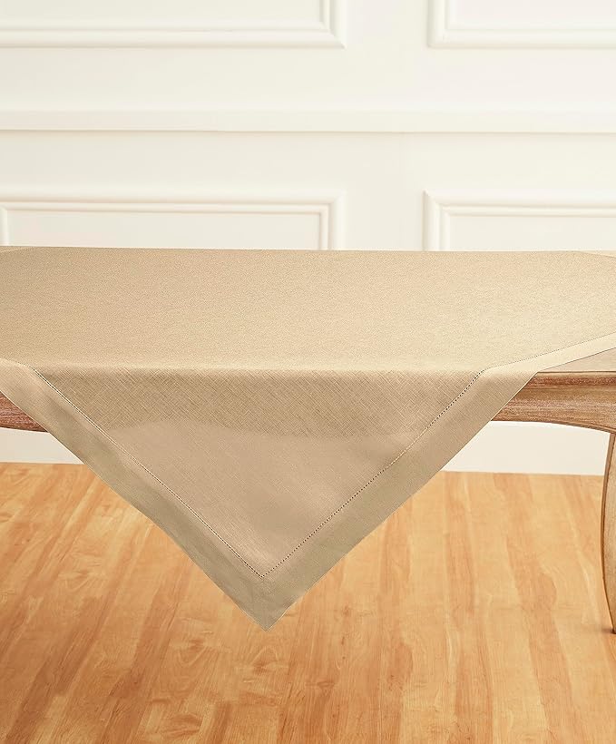 Solino Home Linen Square Tablecloth 52 x 52 Inch - 100% Pure Linen Beige Table Throw - Classic Hemstitch, Machine Washable Table Cloth for Fall, Autumn, Thanksgiving