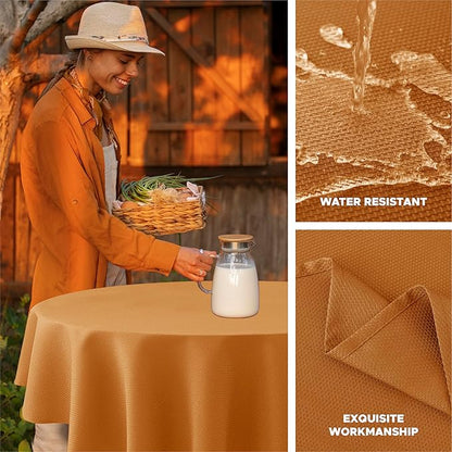 Biscaynebay Fall Tablecloth Textured Fabric Round Tablecloths 90", Bronze Thanksgiving Autumn Harvest Water Resistant Fabric Tablecloths for Kitchen, Dining, Wedding, Parties Machine Washable