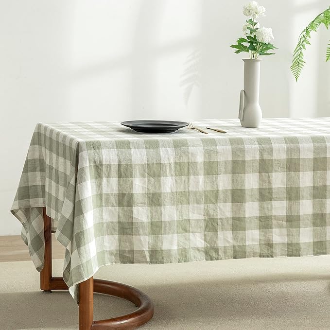 EVERLY 100% Yarn-Dyed Linen Rectangle Tablecloths 60x144Inches for Dining,Buffet Parties,Picnic,Events and Restaurants,Decorative Halloween,Thanksgiving Machine Washable Tablecloths-Sage Green Plaid