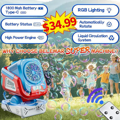 2025 Upgraded Bubble Machine with Remote Control, Automatic Rotation & RGB Lights, 1800mAh Rechargeable Battery, Type-C Charge, Bubble Maker for Kids, Weddings, Birthday Parties, Outdoor Activities