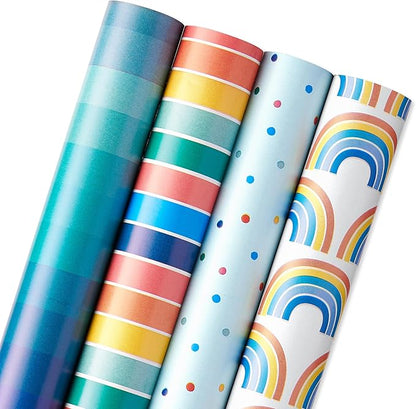 American Greetings 160 sq. ft. Reversible Wrapping Paper Set for Birthdays and All Occasions, Rainbow, Polka Dots, Stripes and Ombre (4 Rolls, 30 in. x 16 ft. each)