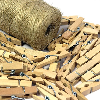 Mini Wooden Clothespins With Jute Twine, 100pcs, 1.4 Inch Photo Paper Peg Pin Craft Clips With 320ft Twine for Scrapbooking, Arts & Crafts, Hanging Photos (Natural Color)