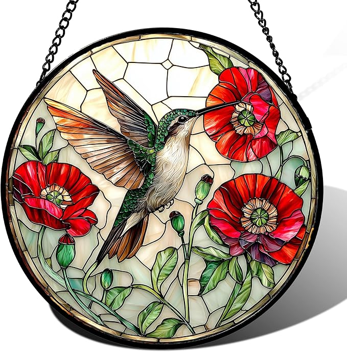 Stained Glass Window Hanging - Green Hummingbird Red Flower Suncatcher for Door Terrace Garden Home Decor Bird Landscape Sun Catcher Birthday Gifts for Lovers Women Men Dad Mom Nana 6.3 in