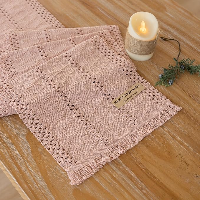 Boho Pink Table Runner for Home Decor 12x72 Inches Farmhouse Macrame Burlap Jute Rustic Dining Kitchen Centerpiece Bohemian Decor French Country Baby Bridal Shower Decorations