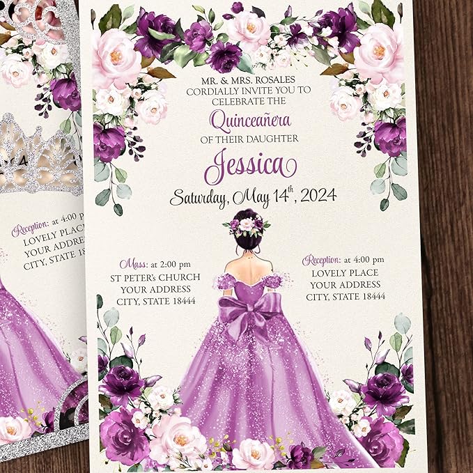 50Pcs Purple Crown Invitations for Quinceanera, 15 year, Sweet 16, Miss XV, Birthday Laser Cut Quince Invitation Cards Personalized Glitter Silver