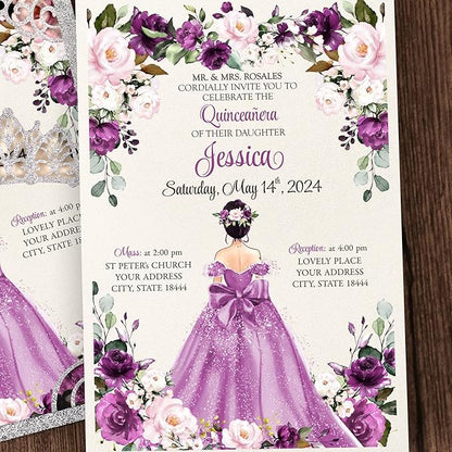 50Pcs Purple Crown Invitations for Quinceanera, 15 year, Sweet 16, Miss XV, Birthday Laser Cut Quince Invitation Cards Personalized Glitter Silver