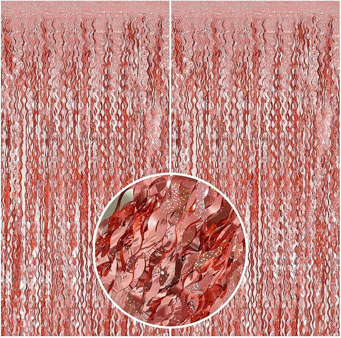 Rose Gold Tinsel Foil Fringe Curtains Wavy Backdrop for Parties Sparkle Metallic Wavy Foil Fringe Backdrop Curtain Photo Booth Props Birthday Graduation Wedding Bachelorette Party Decorations