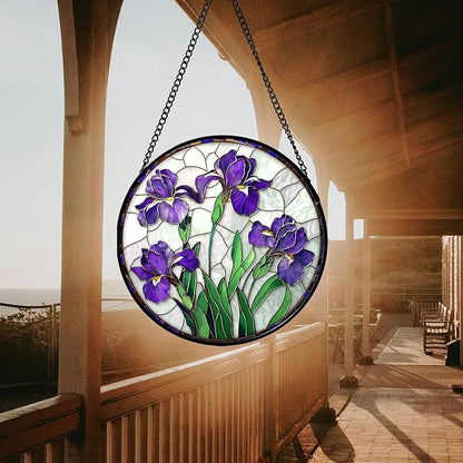 Stained Glass Window Hanging - Purple Iris Flower Sun Catcher for Door Terrace Garden Home Decor, Green Plants Suncatcher Birthday Gifts for Lovers Women Men Dad Mom Nana 15 in