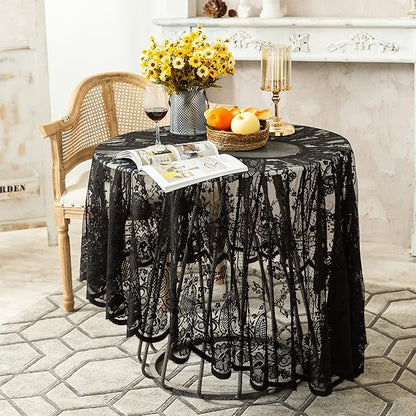 Gorgeous Round Lace Tablecloth,Vintage Floral Embroidered Table Cloths, Chic Round Table Cover for Wedding Banquet HolidayDinner Tables 60INCH (Black)