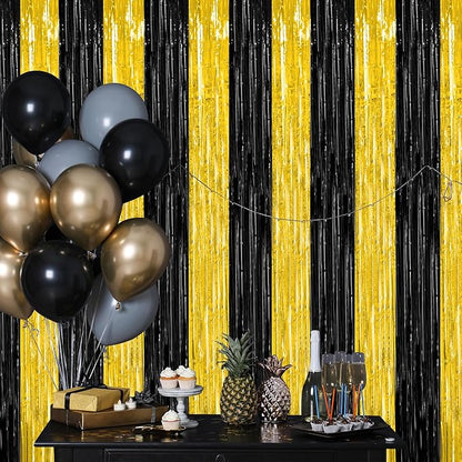 2 Pack Graduation Backdrop, 3.28 FT x 7.05 FT Black and Gold Foil Fringe Curtains, Metallic Foil Curtain Graduation Backdrop, Grad Party Supplies Black and Gold Party Decorations Class of 2025
