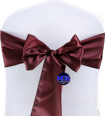 MDS Pack of 25 PCS Satin Chair Sashes Charmeuse Sateen Dining Chair Bows Ribbon Ties Back Sash for Wedding Party Birthday Home Hotel Restaurant Banquet Decoration (7 x 108 Inch, Burgundy)