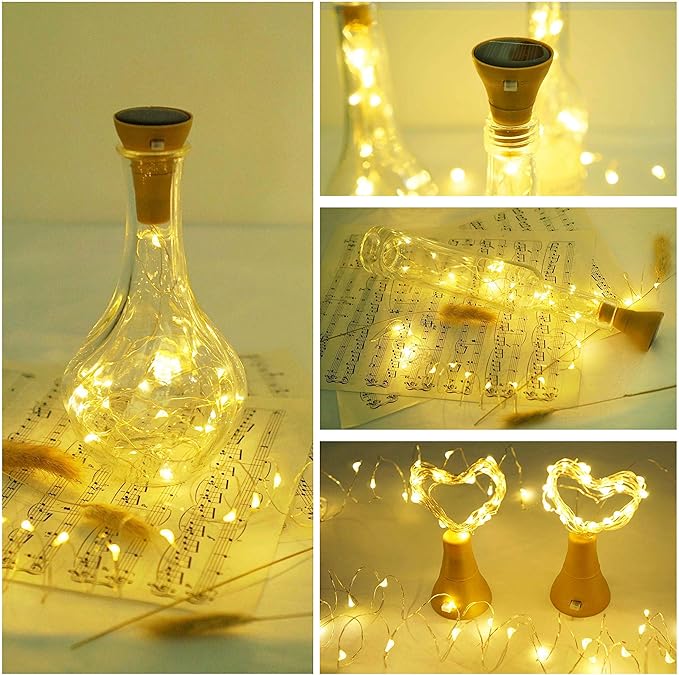 Upgraded 8 Pack Solar Wine Bottle Lights, 20LED Silver Wire Cork Lights Waterproof Fairy Lights for Liquor Bottles Crafts Party Wedding Halloween Christmas Decor(Warm White)