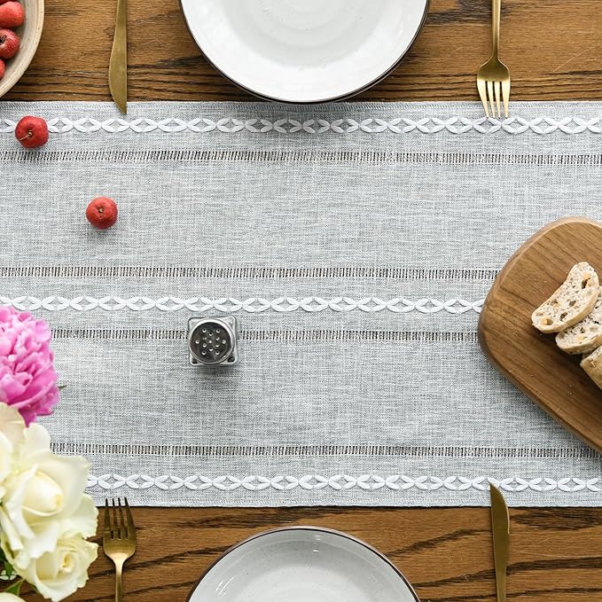 Artoid Mode Grey Rustic Cotton Linen Table Runner, Seasonal Embroidered Hollow Kitchen Dining Table Decoration for Home Party Decor 13x108 Inch