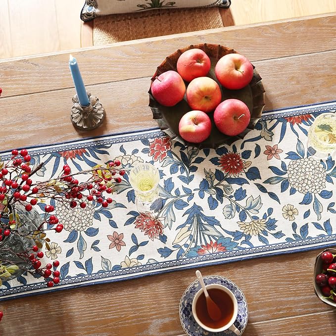 patdrea Designer Blue Cottage Rustic Floral Patterned Linen Table Runner 87 Inch Long,Wrinkle Resistant Table Mat,Decoration for Kitchen Dining and Coffee Tables Banquet Christmas , 12"x87"
