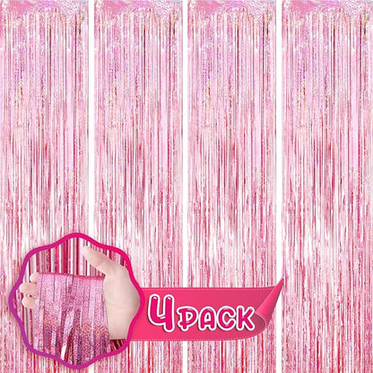 4 Pack 3.3x8.2 Feet Laser Pink Foil Fringe Backdrop Curtains, Tinsel Streamers Birthday Party Decorations, Fringe Backdrop for Graduation, Baby Shower, Gender Reveal, Disco Party