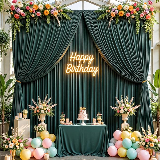 40ftx10ft Wrinkle FreeHunter Green Backdrop Curtains for Party Background, 8 Panels Silky Fabric Green Photo Backdrop Drapes Back Drop Cloth for Wedding Birthday Photography Baby Shower Decor