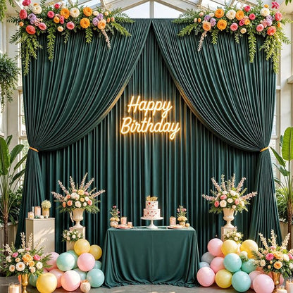 40ftx10ft Wrinkle FreeHunter Green Backdrop Curtains for Party Background, 8 Panels Silky Fabric Green Photo Backdrop Drapes Back Drop Cloth for Wedding Birthday Photography Baby Shower Decor