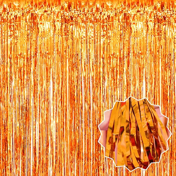 6 Pack Orange Foil Fringe Curtains Backdrop, 3.28 x 8.2 Ft Metallic Streamers Tinsel Curtains Background for Photo Booth, Birthday, Weddings, Carnivals, Graduation, Themed Party Decorations
