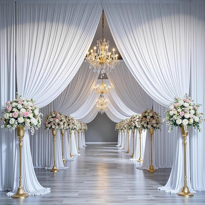 PartyVillage 40ft×15ft White Backdrop Curtain for Wedding Parties, 8 Panels Wrinkle Free 15 FT Long Polyester Photo Backdrop Drapes Back Drop Cloth for Birthday Photography Background