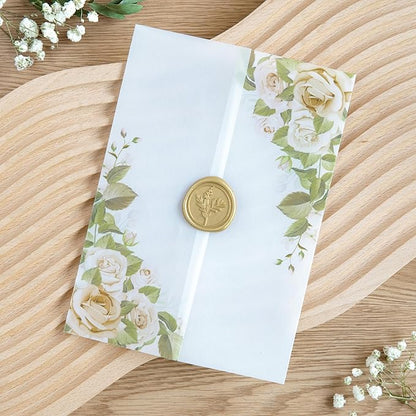 PONATIA 50PCS Vellum Jackets for 5x7 Invitation Cards- 135GSM Champagne Flowers Vellum Sleeves, VVellum Sleeves, 5x7 Clear Jackets - Wedding Invitations Wraps - Transparent Card Jackets