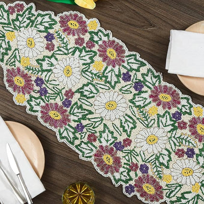 Luxury Beaded Table Runner - 13x36 Inches Handcrafted Spring Floral Design with Glass Beads & Polyester Back - Elegant Table Decor for Dining, Coffee Table & Events (Multi) - CLEENTABLE