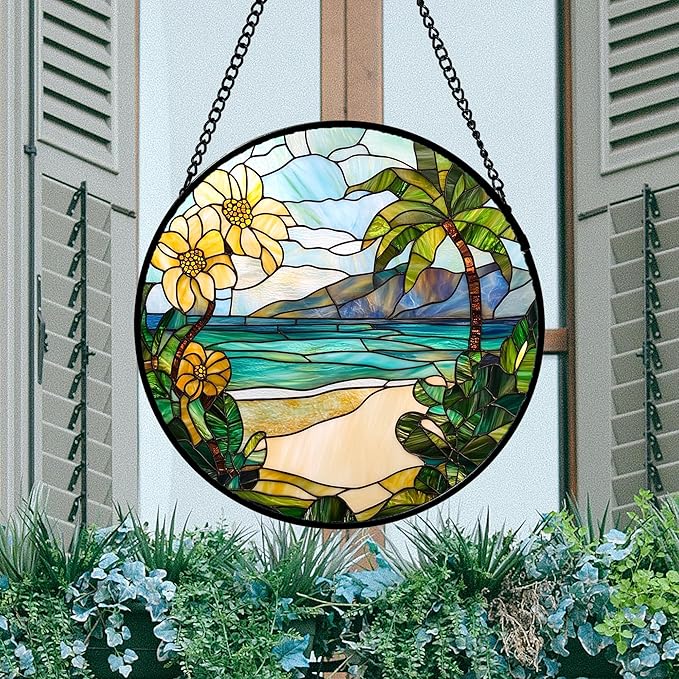Stained Glass Window Hanging 4 Pcs Set Blue Ocean Coconut Tree Scenery 9.8" - Suncatcher Door Garden Sun Catcher Decor Birthday Christmas for Mom Woman Nana Men