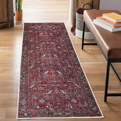Bloom Rugs Washable Non-Slip 10 ft Runner - Burgundy Traditional Bordered Runner for Entryway, Hallway, Bathroom, and Kitchen - Exact Size: 2.5' x 10'