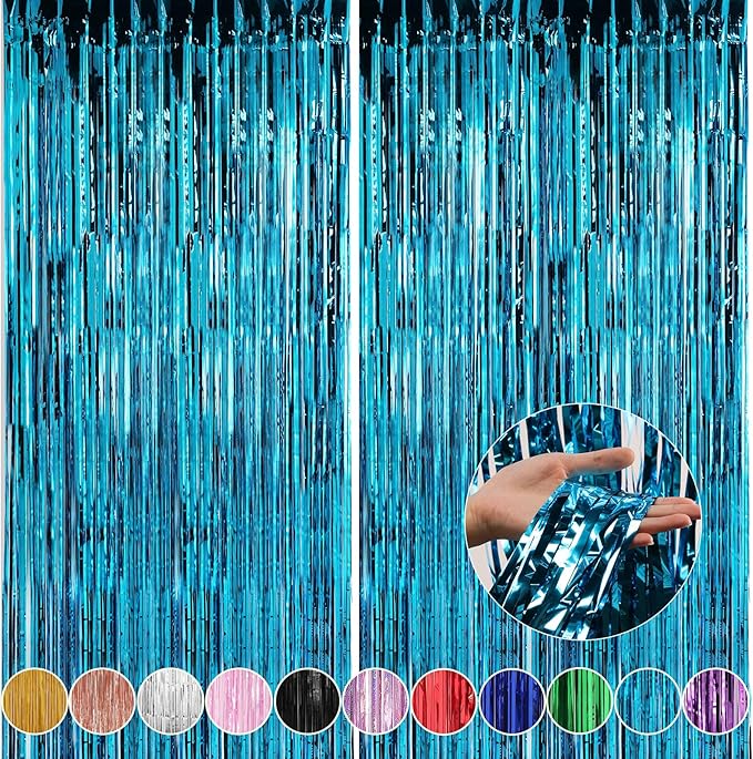 Crosize 2 Pack 3.3 x 9.9 ft Blue Foil Fringe Curtains Party Decorations, Blue Tinsel Curtain Backdrop for Parties, Door Streamers, Glitter Streamer Fringe Backdrop for Birthday Decoration