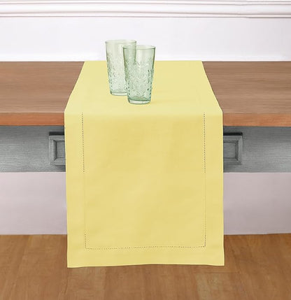 Solino Home Yellow Table Runner 108 Inches Long - Cotton Linen Hemstitch 14 x 108 Inch Table Runner for Dining