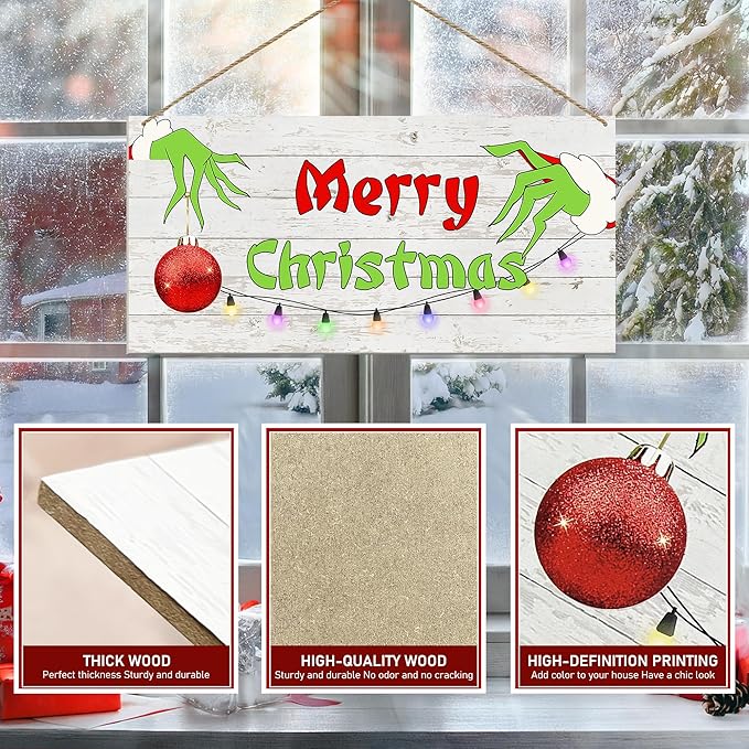 Merry Christmas Hanging Door Sign, Crazy Funny Green Festive Wooden Wall Welcome Decor Winter Farmhouse Style Outdoor Indoor Xmas Tree Ornaments for Home Office Holiday Party