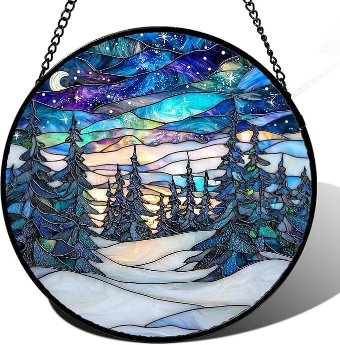 Stained Glass Window Hanging, Starry Sky Trees and Snow Sun Catchers Glass Panel Blue Suncatcher Decor for Birthday for Women, Men, Wife, Aunt, and Mom 14.9x14.9 in