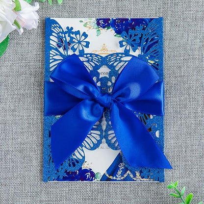 20 PCS 5.12x7.2 Butterfly Quinceanera Invitation, Laser Cut Wedding Invitation Cards with Envelopes for XV Anos Bridal Shower Baby Shower Invite (Blue Glitter)