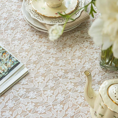 Lace Tablecloth Leaf Pattern Warp Knitting Fabric Solid White Rectangle/Oblong Table Cover for Kitchen Dining Farmhouse Wedding Party Decor Ivory, 55x84 Inch