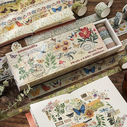 24 Rolls Vintage Washi Tape Set, Floral Letter Butterfly Mushroom Botanical Flower Writable Decorative Tapes for Scrapbooking , Junk Journal supplies, Bullet Journaling 5-75mm Wide 9.84ft long/Roll
