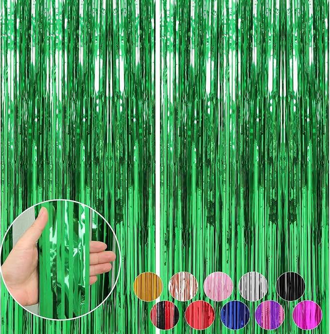 Crosize 2 Pack 3.3 x 9.9 ft Green Foil Fringe Backdrop Curtain, Streamer Backdrop Curtains, Streamers Birthday Party Decorations, Tinsel Curtain for Parties, Galentines Decor, Preppy, Photo Booth