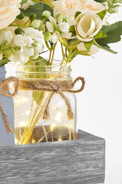 Mkono Mason Jar Lights Centerpiece Table Decor for Dining Room Farmhouse Wood Tray with 3 Jars Flowers Center Pieces Spring Decor for Coffee Table Kitchen Living Room, Grey Blue
