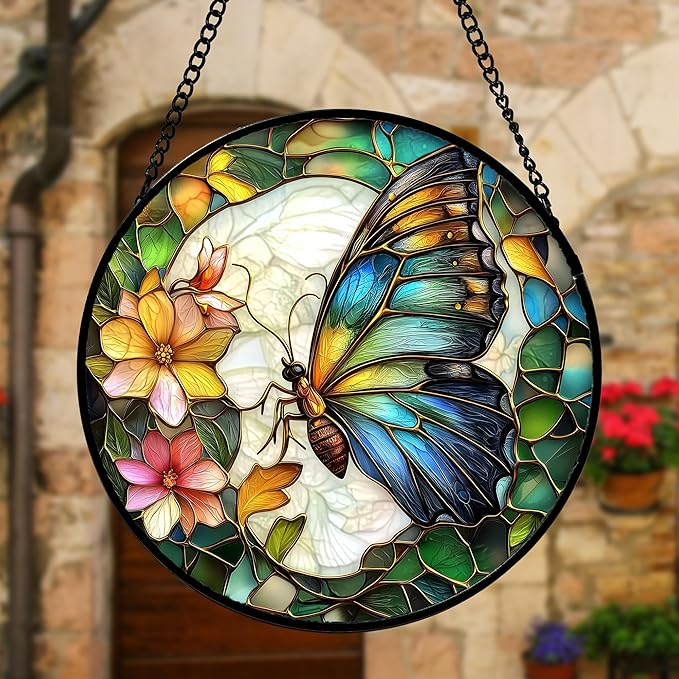 Stained Glass Window Hanging, Butterfly Flower Sun Catchers Diamond Glass Panel Hangings Insect Suncatcher Decor for Birthday for Women, Men, Wife, Aunt, and Mom 9.8 in