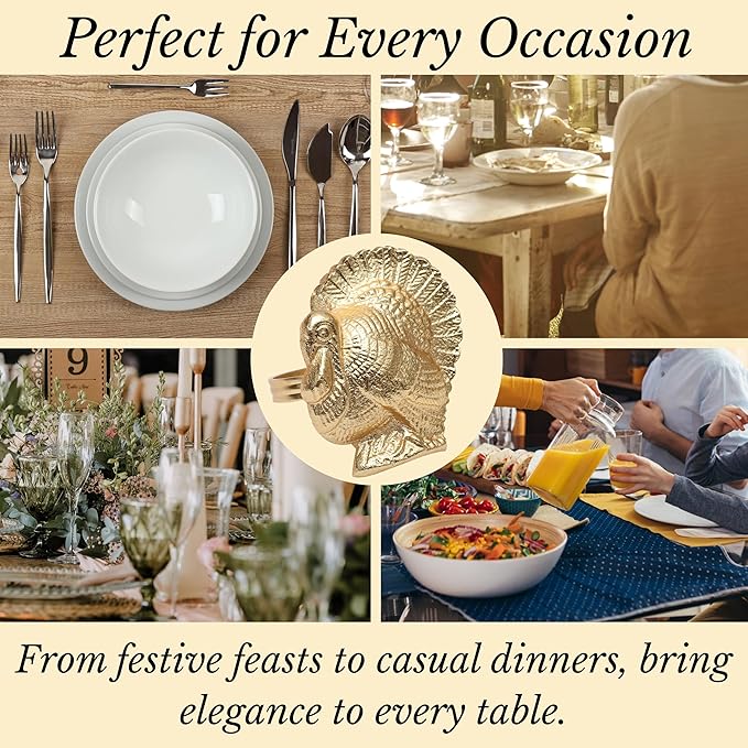 Turkey Bird Gold Napkin Rings Set of -12 for Dinner Parties, Weddings Receptions, Family Gatherings, or Everyday Use - Set Your Style with Daily Use Table Décor Accessories - ALPHA Living HOME