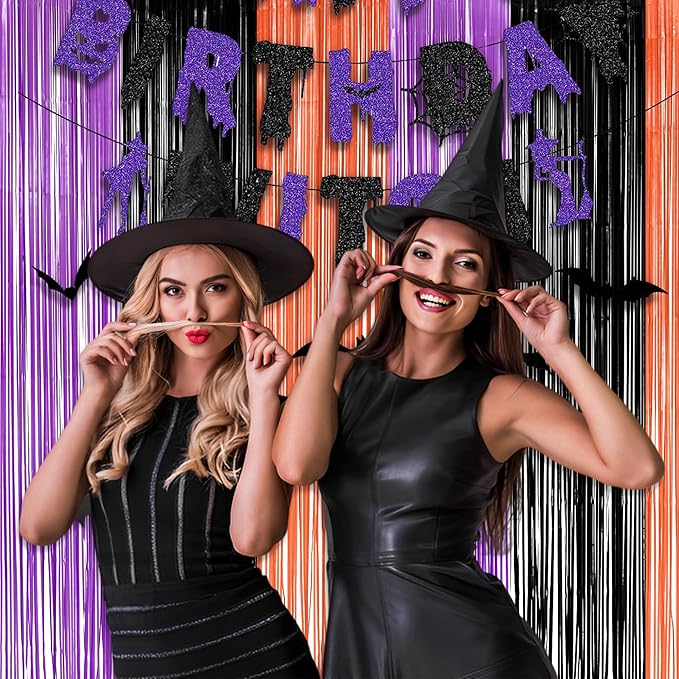 Black Purple Orange Party Streamers - GREATRIL Foil Fringe Backdrop for Hocu Birthdays Halloween Party Supplies - 3.2ft X 8.2ft - 2 Packs