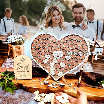 Wedding Guest Book Unique Wooden Heart Alternative GuestBook Bridal Shower Wedding Decoration with 83 Wooden Hearts 1 Sign Pen Set (Reddish Brown)