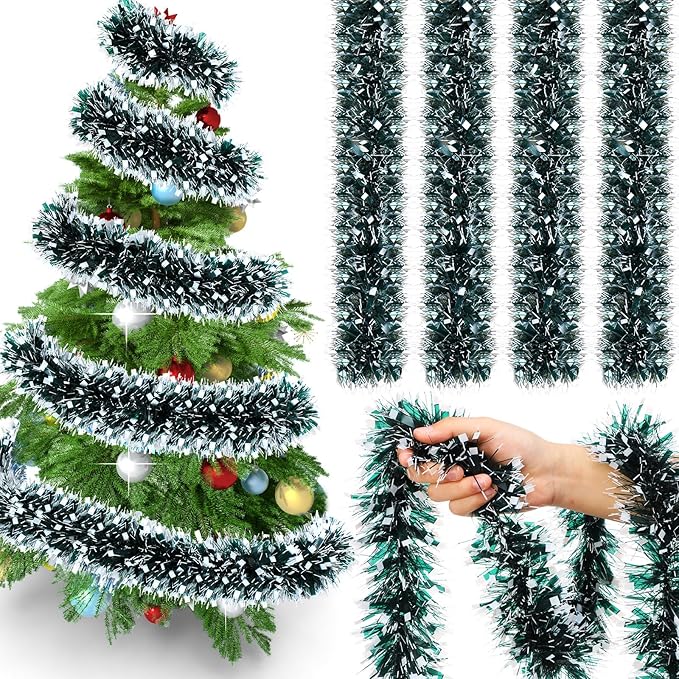 72 Feet Christmas Tinsel Garland Shiny Metallic Tinsel Twist Garland Streamers Ornaments Long Glitter Christmas Tree Hanging Decorations for Party Holiday Wedding Birthday Tree (Dark Green, Black)