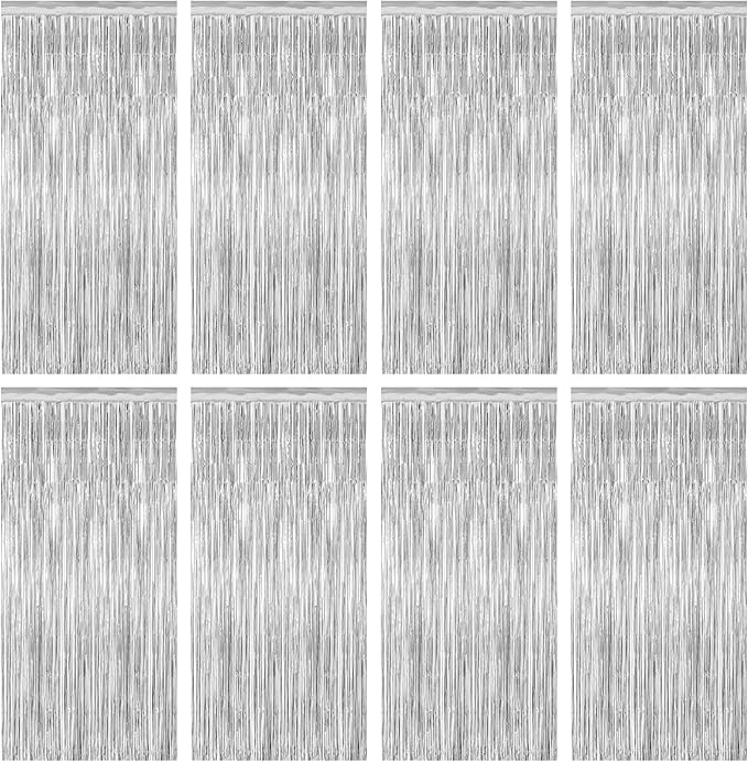 8 Pack Silver Backdrop, 3.28 FT x 7.05 FT Birthday Backdrop, Metallic Silver Tinsel Curtain Disco Party Streamer, Bachelorette Party Decorations Birthday Photo Booth Props