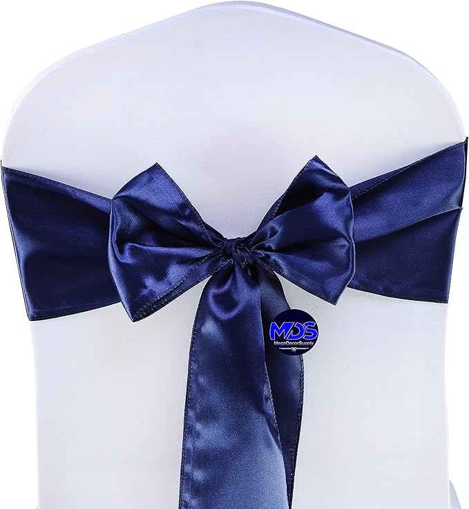 MDS Pack of 75 PCS Satin Chair Sashes Charmeuse Sateen Dining Chair Bows Ribbon Ties Back Sash for Wedding Party Birthday Home Hotel Restaurant Banquet Decoration (7 x 108 Inch, Navy Blue)