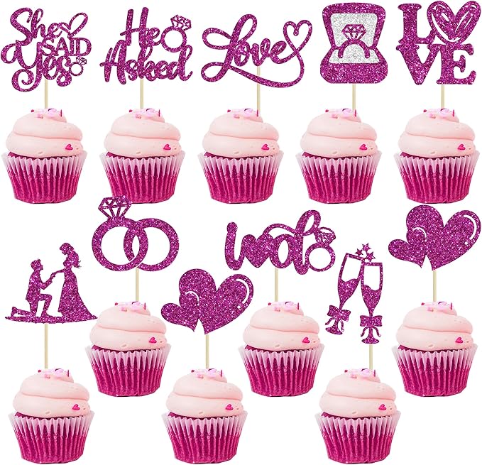 Ephlyn 30Pcs He Asked She Said Yes Cupcake Toppers Glitter Engagement Cupcake Toppers Diamond Ring Heart Love I Do Cupcake Picks for Engagement Wedding Party Cake Decorations Purple